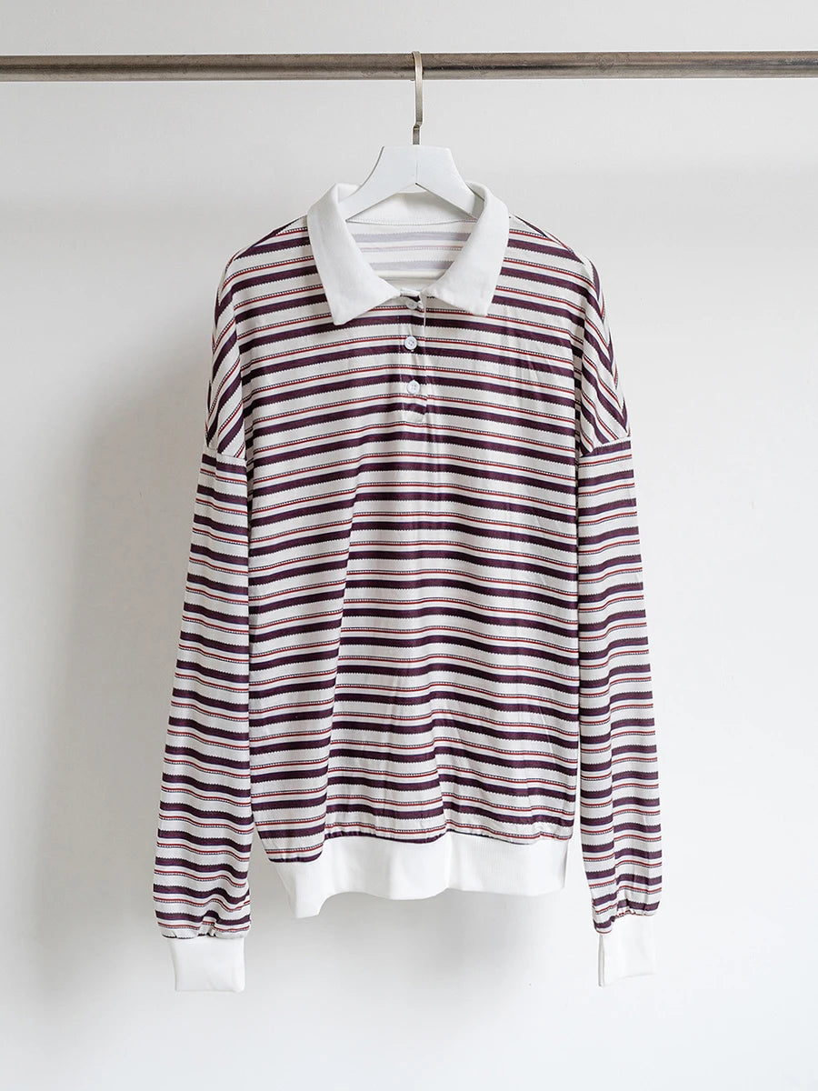 Aiertu  -  Striped Contrast Long Sleeve T-shirt Women Buttons Turndown Collar Loose T Shirt 2025 Spring New Streetwear Vintage Casual Tees Aiertu