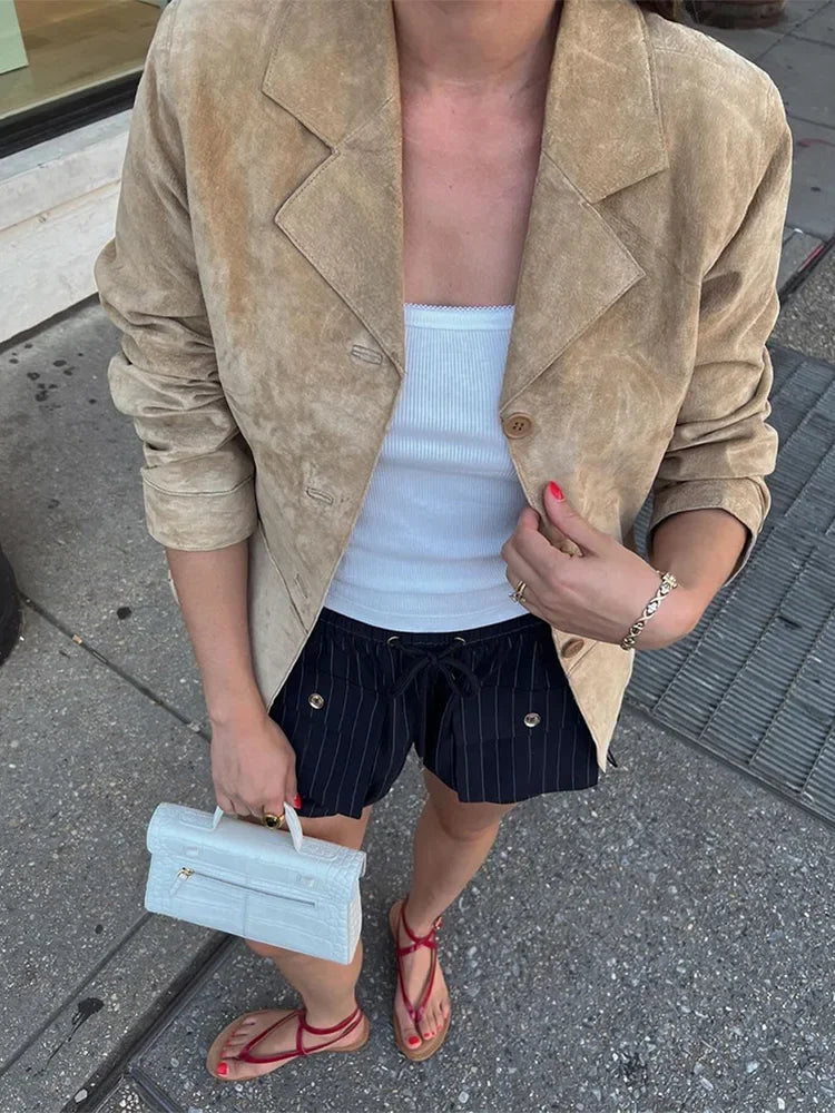 Aiertu  -  Vintage Khaki Suede Leather Blazer Coat Women Elegant Lapel Full Sleeves Single Breasted Jacket Autumn Chic Lady Street Outwear Aiertu