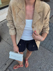 Aiertu  -  Vintage Khaki Suede Leather Blazer Coat Women Elegant Lapel Full Sleeves Single Breasted Jacket Autumn Chic Lady Street Outwear Aiertu