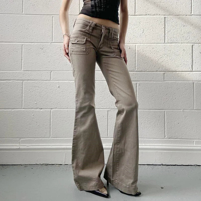 Aiertu  -  Y2K Flare Jeans with Pockets Women Stylish 2000s Vintage Khaki Slim Fit Denim Trousers Spring High Street Pants Lady Aiertu