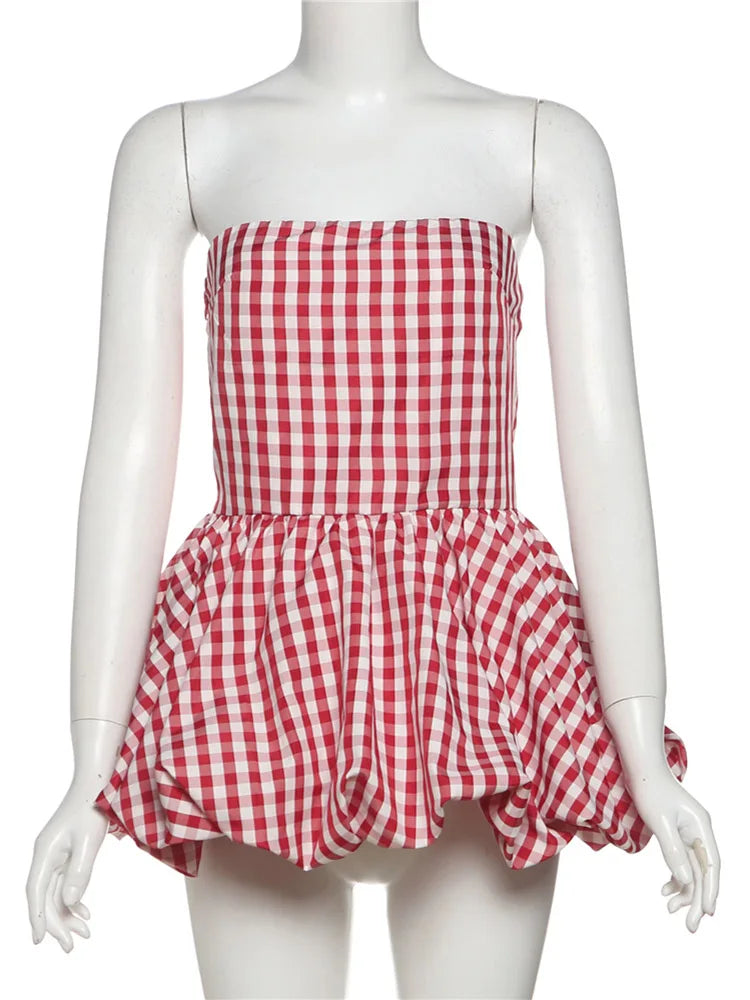 Aiertu  -  Print Red White Checkered Chest Wrap Pleated Fluffy Hem Sleeveless Backless Vacation Versatile Beach Party Trend Tops Aiertu