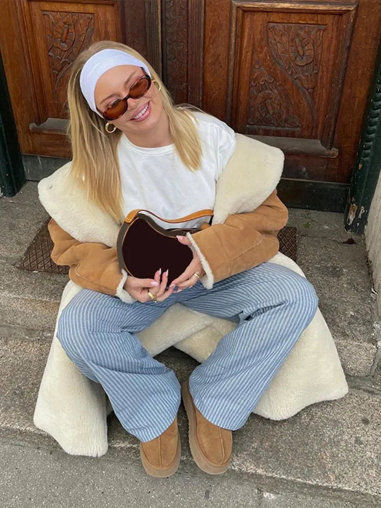 Aiertu  -  layered look inspo Vintage Patchwork Women Maxi Jacket Lapel Lamb Wool Pocket Lady Coat Fashion Full Sleeve Autumn Warm Thicken Female Top Aiertu