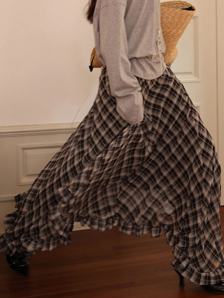 Aiertu  -  Irregular Fungus Hem Long Skirt Women New Mid Waist Chiffon A-line Skirts Summer Fashion Vintage Casual Red Plaid Long Skirt Aiertu