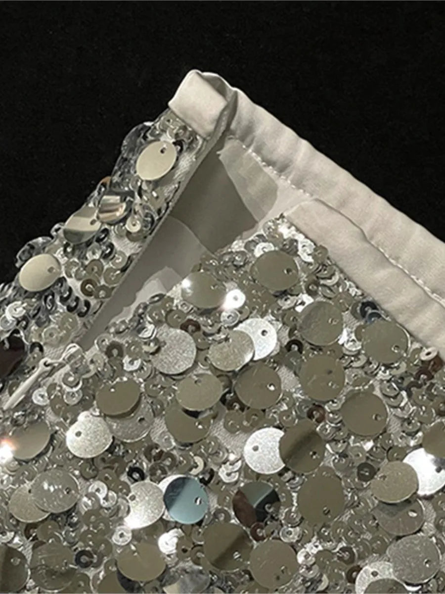 Aiertu  Sequied Sexy Silver Mini Skirts For Women 2025 New High Waist Slim Zipper A-line Party Skirt Simple Fashion Elegant Short Faldas Aiertu