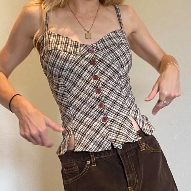Aiertu  -  Y2K Women Plaid Vest Sweet Style Retro Buttons Slit Hem Camisole Aesthetic Chic Fashion Tank Top Summer Outfits 2025 Aiertu