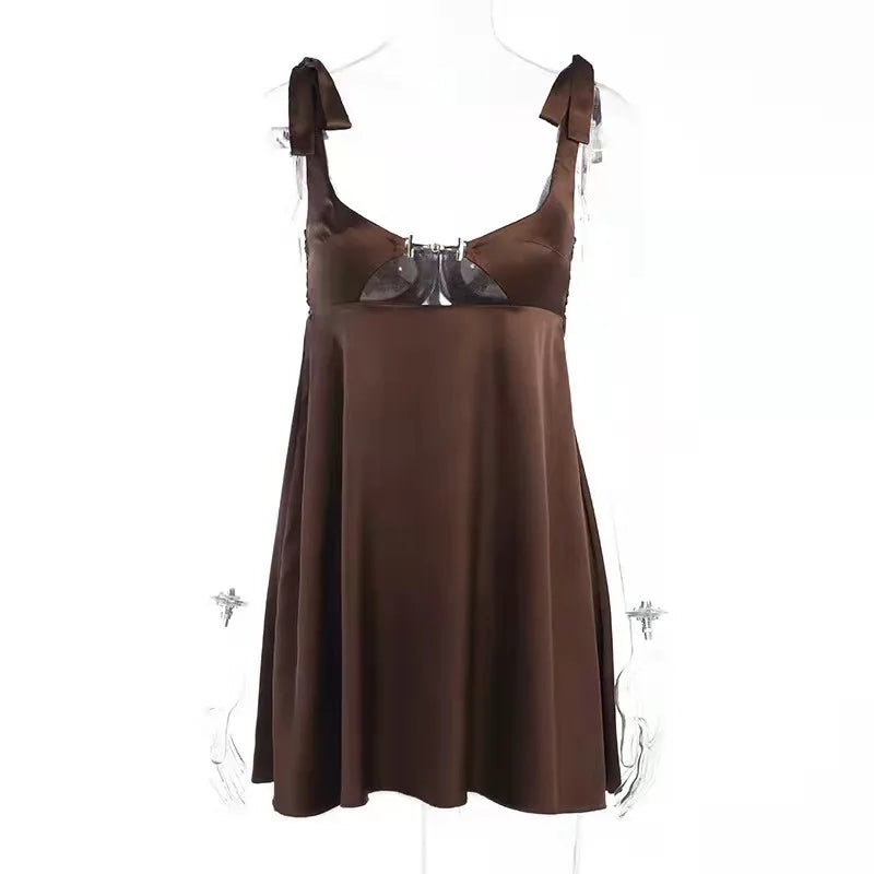 Aiertu  -  Bandage Satin Dress Women Party Sexy Backless Sleeveless Loose Dresses Ladies Hollow Out Casual Mini Dress Woman 2026 New Aiertu