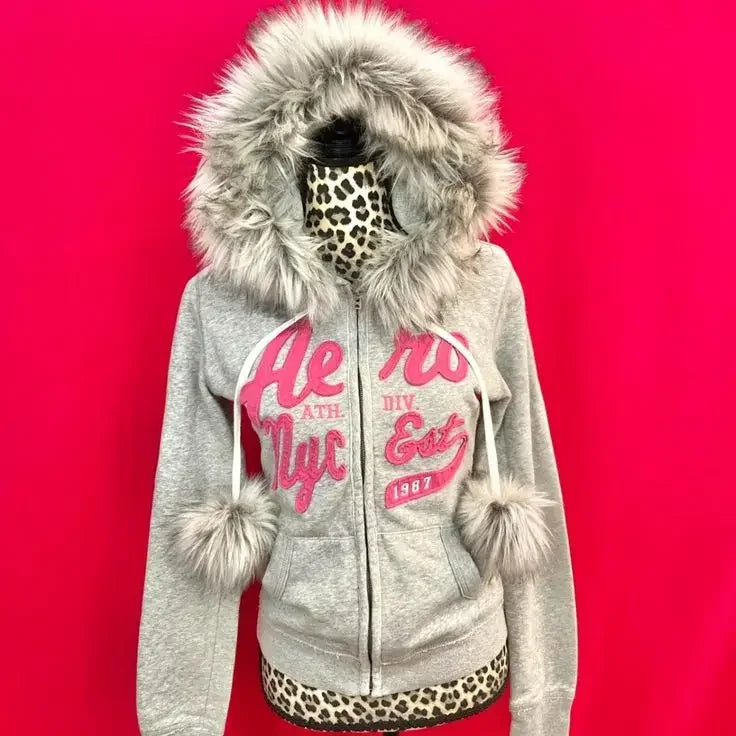 Aiertu  -  American Fashion Y2K Top Plush Warm Harajuku Embroidery Light Colored Hooded Zipper Design Clothing Kawaii Clothing Aiertu