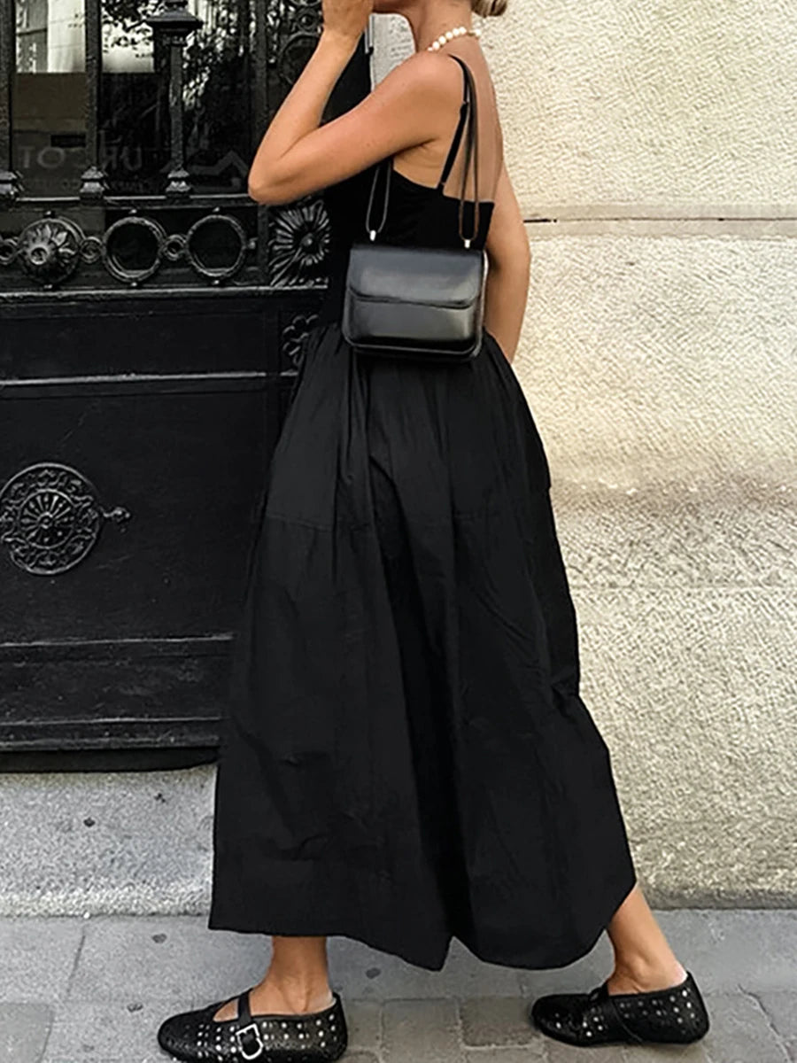 Aiertu  -  Black Elegant Suspender Long Dress Women Summer U Collar Sleeveless A-line Vestidos Vintage Fashion Simple Backless Midi Dresses Aiertu