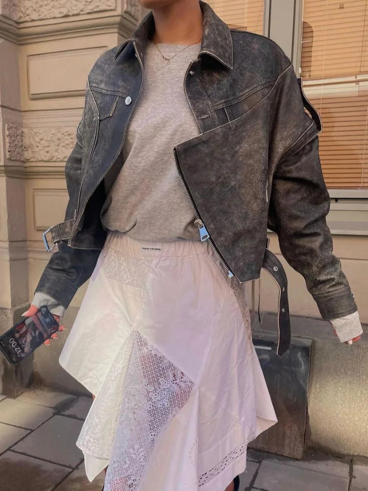 Aiertu  -  Fashion Pu Leather Zipper Bomber Women Jacket Vintage Solid Lapel Long Sleeved Y2k Short Coat 2026 Lady Motorcycle Outercoat Aiertu