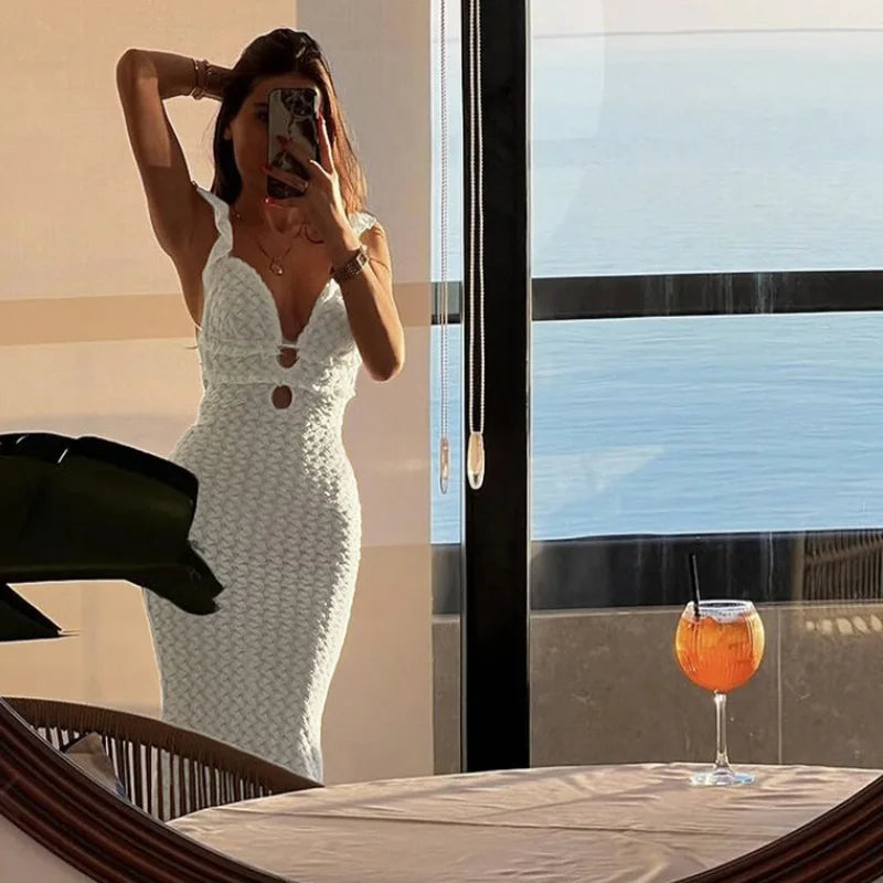 Aiertu  -  Pretty Dress Woman Hollow Ruffles Summer Sleeveless Backless Strap Solid Lace Tierred Chic Elegant Party Skinny Vestidos Aiertu