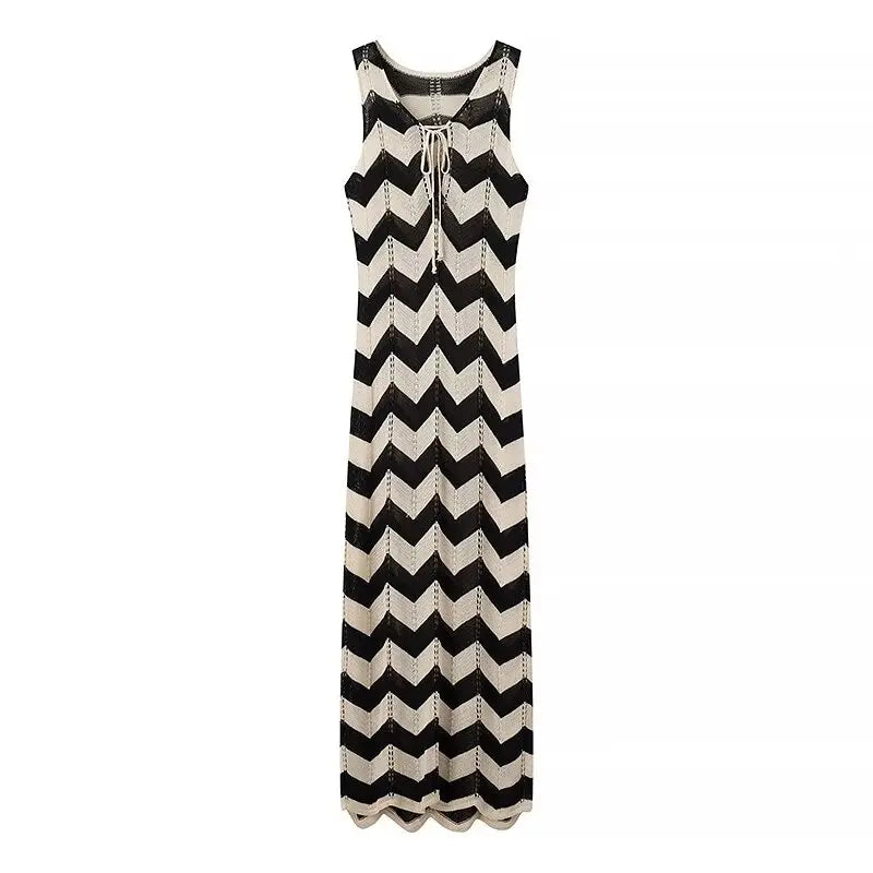 Aiertu  Autumn New Women Clothes European and American Street Style Fashion Slim Casual Wave Knitted Sleeveless Jumpsuit Long Dress Aiertu