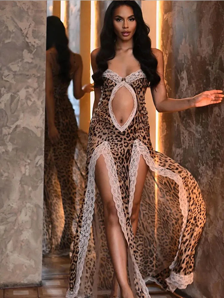 Aiertu  -  Sexy Leopard Print High Split Hollow Out Dresses For Women 2026 New Lace High Waist Cut Out Patchwork Dress Lady Streetwear Robe Aiertu