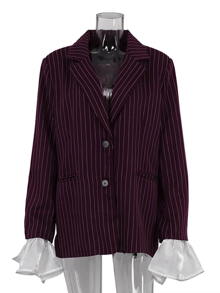 Aiertu  -  Patchwork Notched Collar Lace Women Blazer Flare Sleeve Single Breasted Jacket Femme Winter Loose Casual Women Coat Aiertu