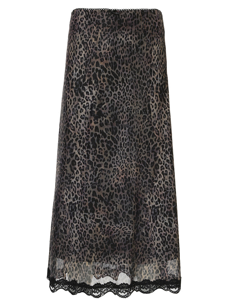 Aiertu - summer inspo Retro Brown Leopard Y2K Long Skirts Women Lace Trim Hem Two Layers Mesh Vintage Aesthetic Elegant Fashion Women Clothing Aiertu