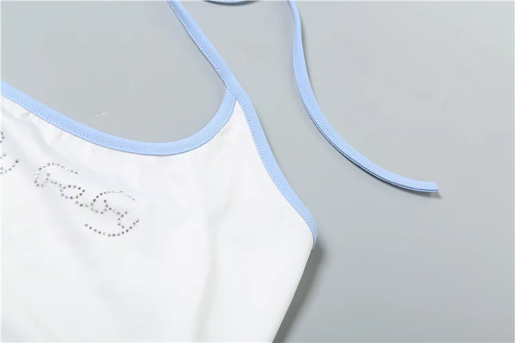 Aiertu  -  Simple Letter Print 2 Piece Set Women Halter Bandage Crop Tops+Drawstring Stretch Flare Pants Vacation Matching Suits Aiertu