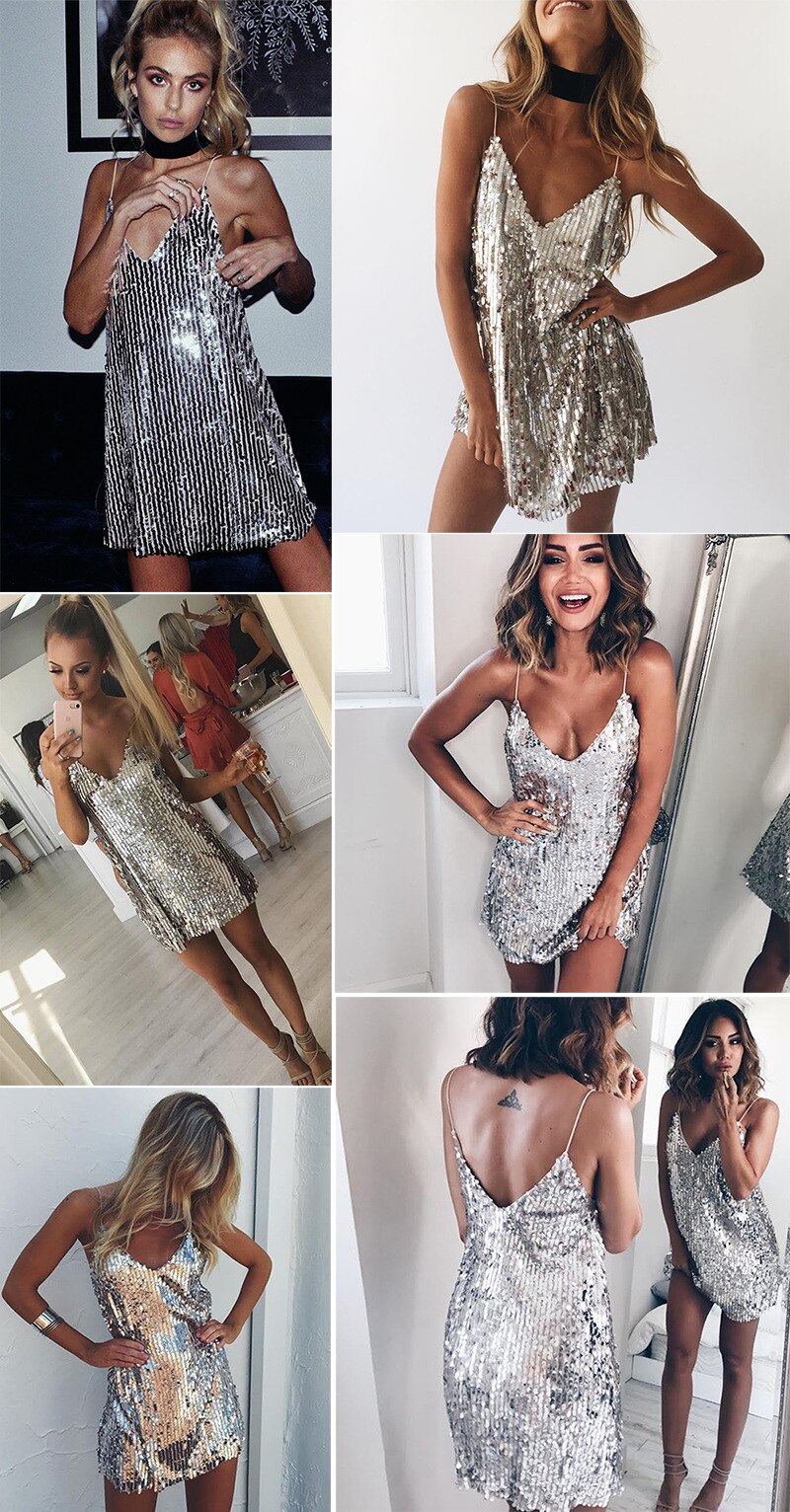 Aiertu  Women's Summer Sundresses Sexy Club Party Prom Shiny Dress Backless Gold Sequin Mini Slip Short Skirt Fashion Girls Clothing Aiertu
