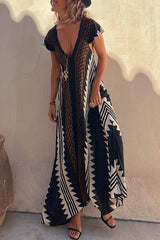 Aiertu  -  Casual College Geometric Print Fold V Neck A Line Dresses Aiertu