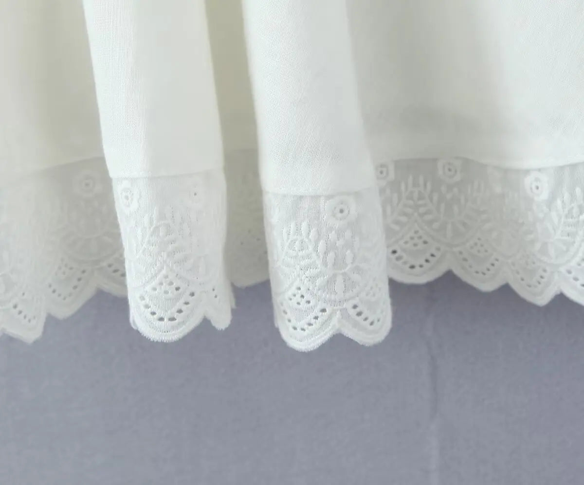 Aiertu  -  Sweet Beige Splice Lace Square Collar Bow Front Short Puff Sleeve Dress Women Lace Hem Low Waist Dresses Mini Cake Robe Aiertu