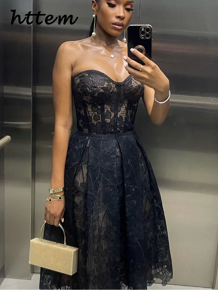 Aiertu  -  Sexy Party Dress Women Strapless Hollow Out A-line Midi Evening Dresses Female Autumn Fashion Patchwork Panelled Lady Robes Aiertu