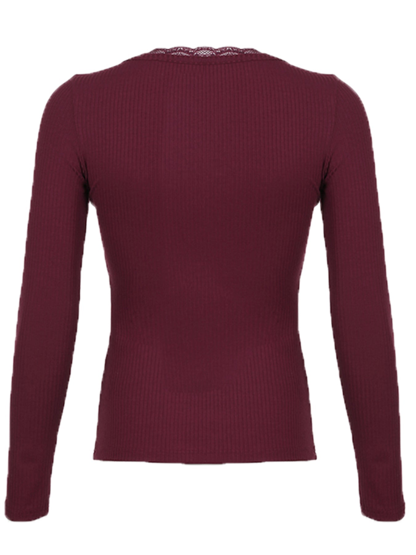 Aiertu - summer inspo Christmas American Retro Red Solid Slim Ribbed T-Shirt Women Button Up Lace Trim O Neck Long Sleeve Spring Auttumn Vintage Tees Aiertu