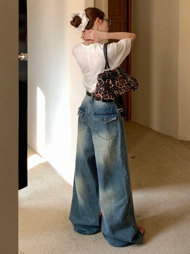Aiertu  -  Women Boyfriend Whiskers Baggy Jeans Distressed Straight Long Trousers High Rise Wide Denim Pants Casual Retro Clothes Aiertu