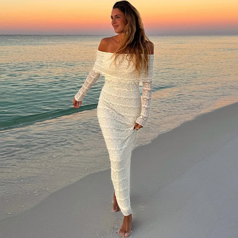 Aiertu  -  Elegant Off Shoulder Dress Bodycon Fashion Patchwork Long Sleeve Maxi Dresses For Women Beach Vacation Slim Party Dress Aiertu