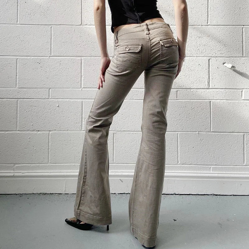 Aiertu  -  Y2K Flare Jeans with Pockets Women Stylish 2000s Vintage Khaki Slim Fit Denim Trousers Spring High Street Pants Lady Aiertu