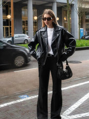 Aiertu  -  Chic Zipper Collar Leather Jackets For Women Fashion Long Sleeved Pocket Black Coats Female Autumn Winter High Street Outerwear Aiertu