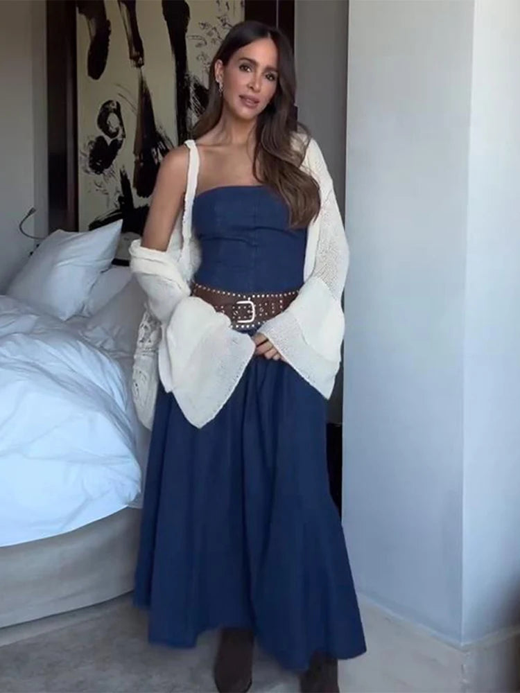 Aiertu  -  Strapless Denim Long Dress Sexy Backless Waist Cinched Cowboy Pleated Dresses Off Shoulder Street Trends Robes Women's Clothing Aiertu