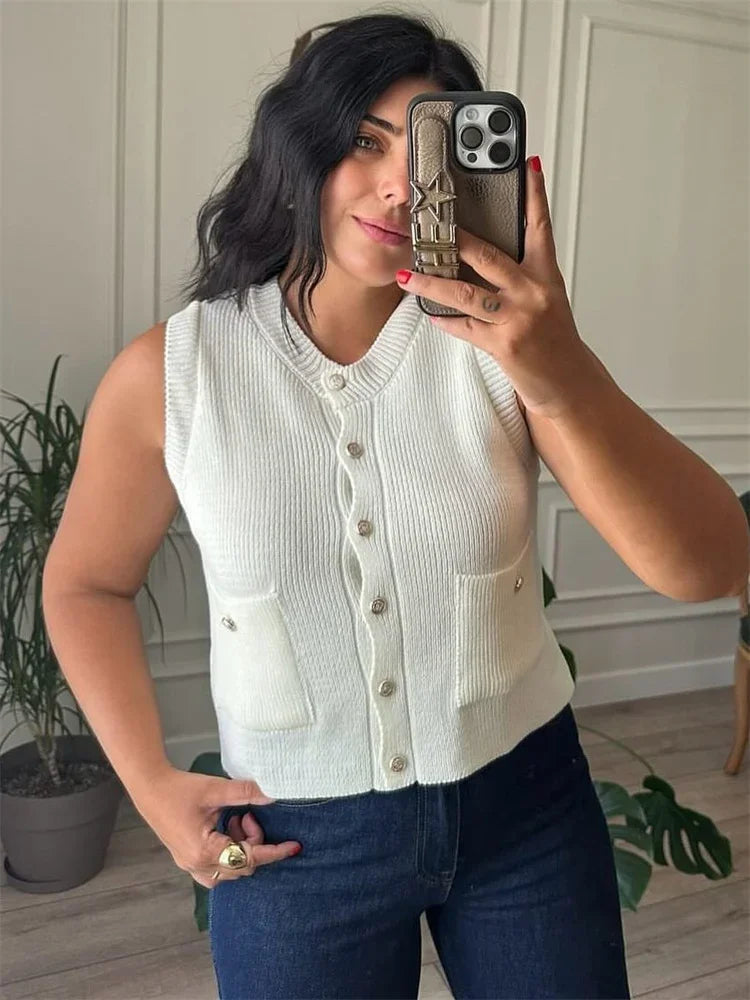 Aiertu  -  Casual Loose Sweater Cardigan Vestidos For Women Sleeveless Ribbed Cropped Pocket Commute Top Female Solid Cardigan Top Aiertu