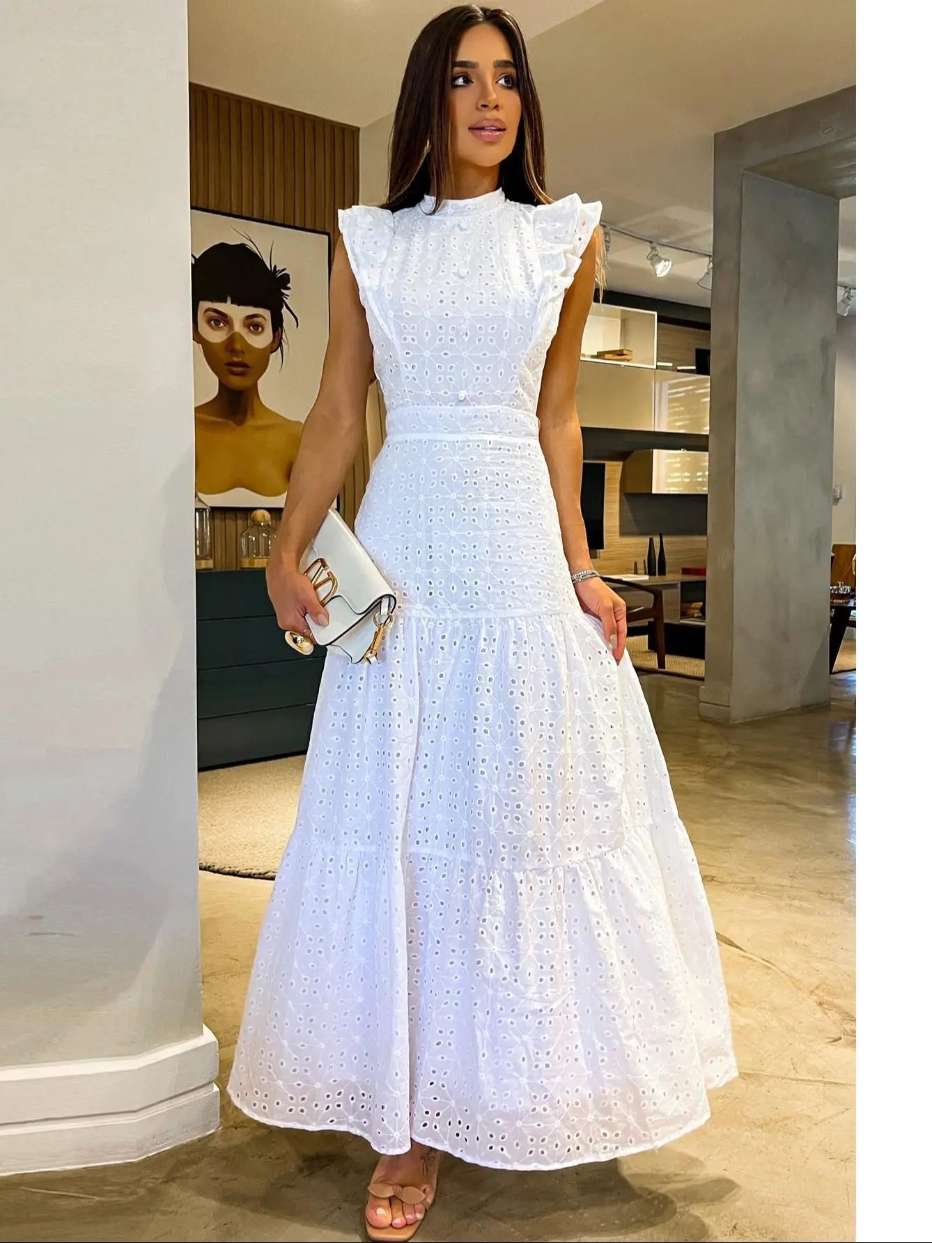 Aiertu  Bohemian Solid Hollow Out Elegant Women Dress O Neck Flying Sleeve Button Long Dress Summer Chic Casual Beach Women Clothing Aiertu