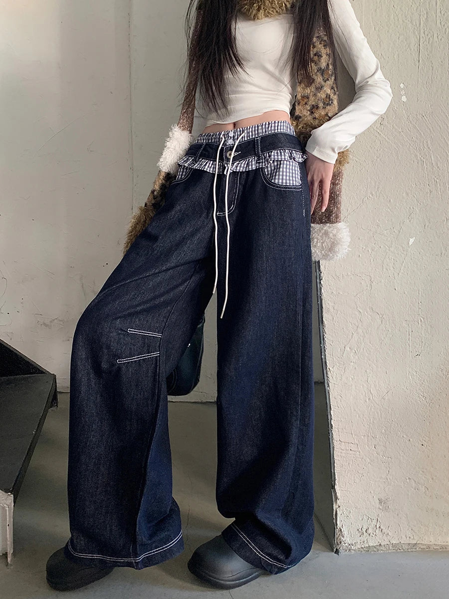 Aiertu  -  Drawstring Waist Patchwork Baggy Jeans Women Vintage Wash Wide Leg Frilly Striped Denim Pants Korean Y2k Streetwear Aiertu