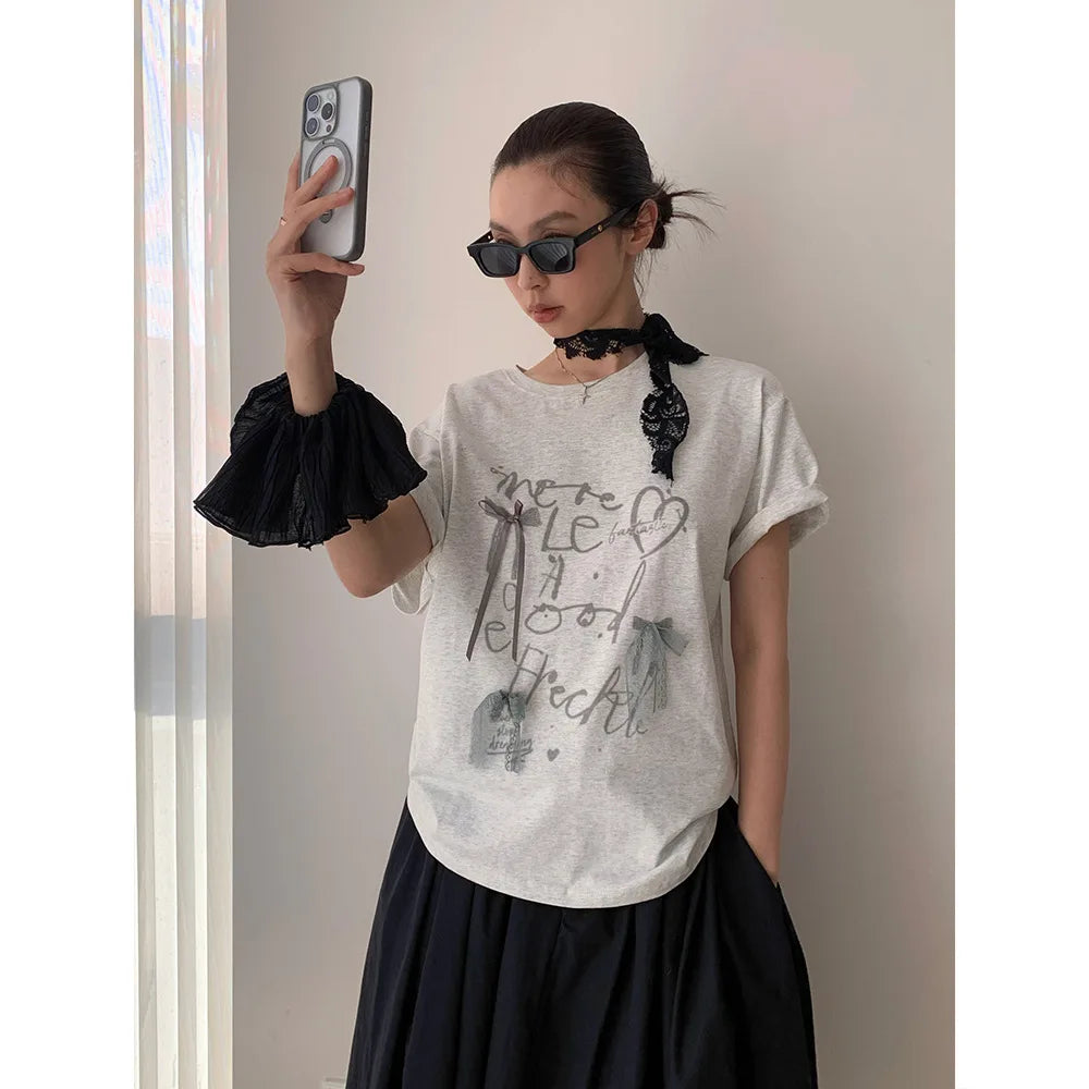 Aiertu  -  Summer new Korean loose letter printing lace bow decoration loose round neck short-sleeved T-shirt Aiertu