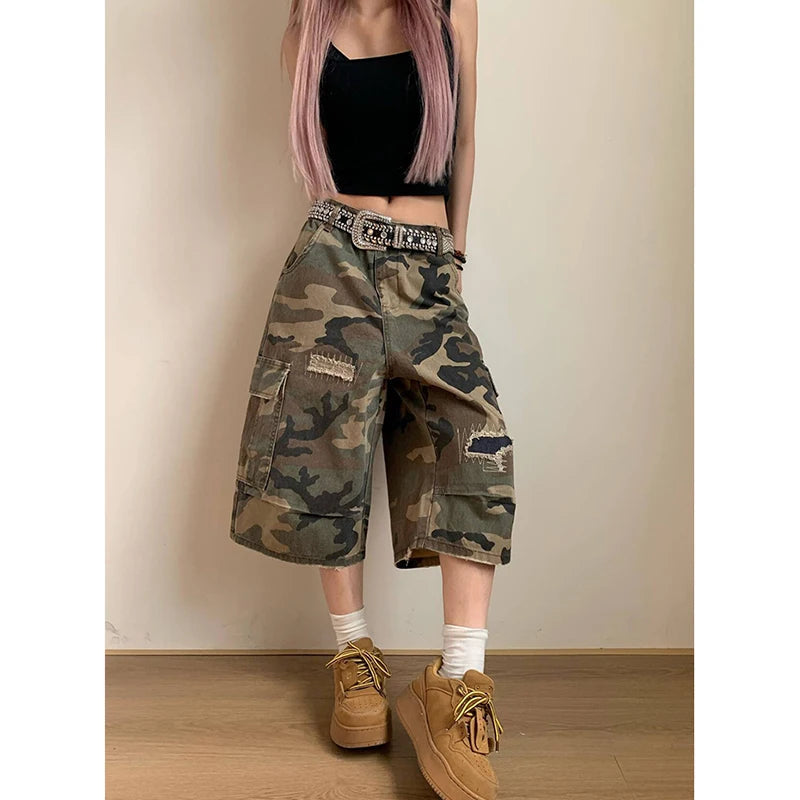 Aiertu  American Retro High Waist Camouflage Jeans Women Pockets Hip-hop Shorts 2025 Summer Casual Y2K Grunge Street Washed Denim Shorts Aiertu