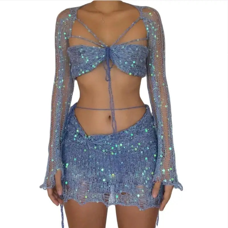 Aiertu  -  party look snspos 2024 Summer Women's Beaded Knitted 3-Piece Set Women's 2000 Sexy Sequined Knitted Party Dress 3-Piece Set Aiertu