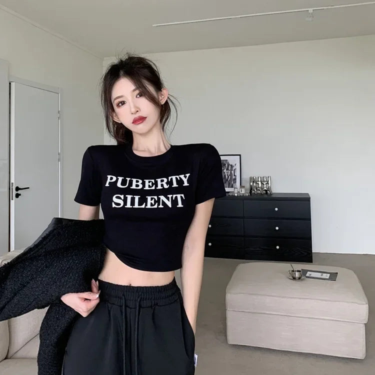 Aiertu  -  Short Sleeved T-shirt Women's Short Base Shirt 2026 Spring and Summer Slimming Slim Fit Letter White Student Top Female Clothes Aiertu