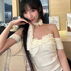 Aiertu  -  Sexy Modern Style Cross Draped Design Spliced Lace Shirts Korean Office Lady Slash Neck Elegant Tops Y2k with Scarf Streetwear Aiertu