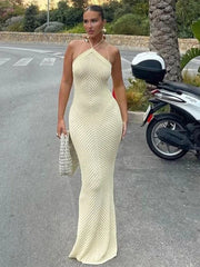Aiertu  -  Solid  Knitted Halter Backless Long Dress Women Hollow Out Vacation Loose Sexy Dresses 2026 Summer Holiday Party Lady Vestidos Aiertu