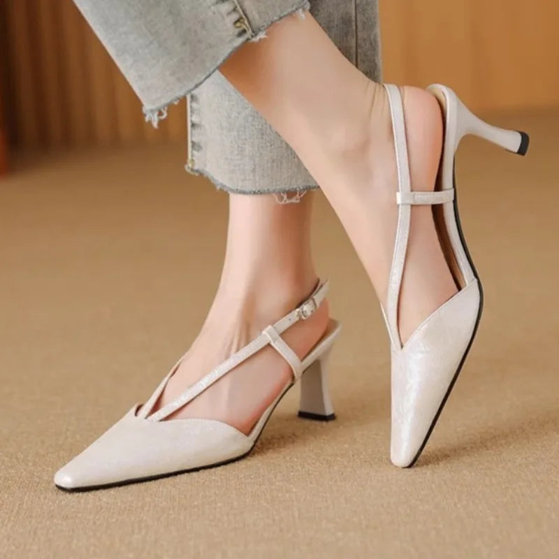 Aiertu  -  Ladies Flat Shoes 2025 New Women's High Heels Slingback Closed Toe Pointed Toe Two-color Ankle Strap T-strap Office Formal Shoes Aiertu