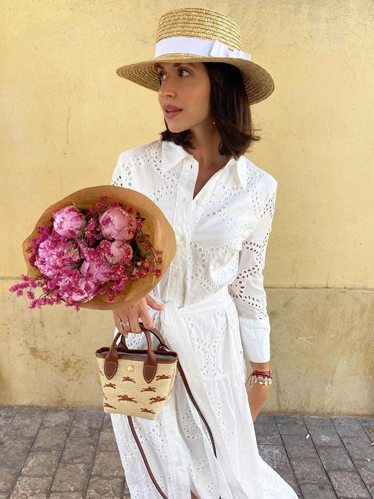 Aiertu  -  White Lace Autumn Cotton Dress Women Button Loose Winter Casual Dress Vestidos Robe Long Sleeve Maxi New Boho Dress Aiertu