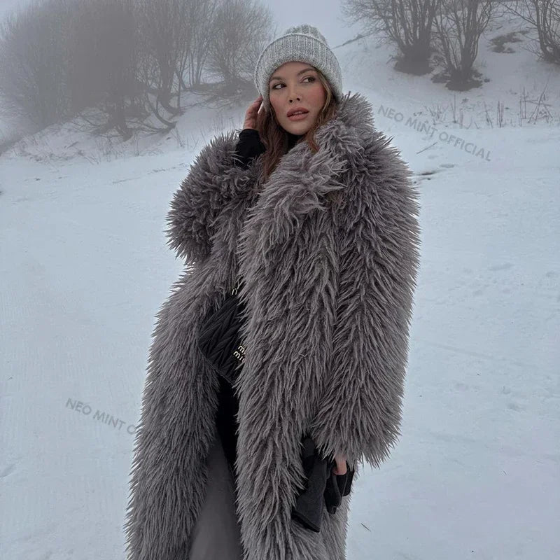 Aiertu  -  casual winter outfits Extra Long Luxury Lamb Fur Teddy Coat Women 2024 Winter Ladies Mob Wife Style Oversized Chunky Faux Fur Jacket Overcoat Aiertu