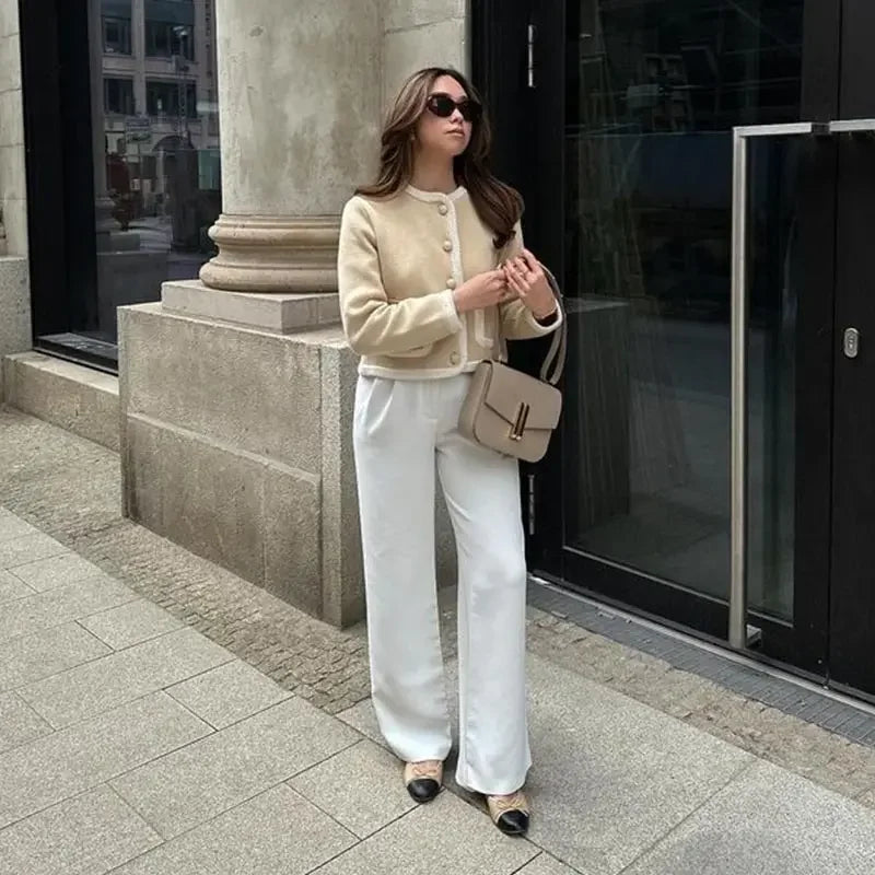 Aiertu  -  Slim Patchwork Short Coats Women Contrast O-neck Long Sleeve Single Breasted Pockets Jacket 2026 Autumn Lady Elegant Top Outwear Aiertu