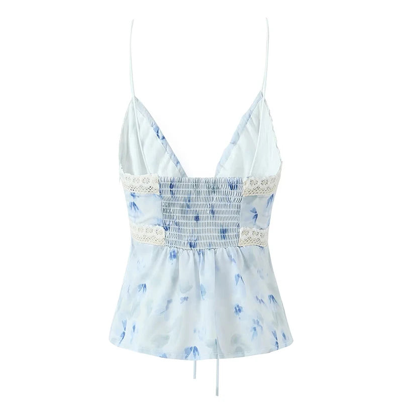 Aiertu  -  New Women Sexy Sleeveless V Neck Lace Trim Floral Print Camis Holiday Summer Crop Top Aiertu
