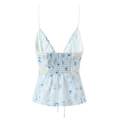 Aiertu  -  New Women Sexy Sleeveless V Neck Lace Trim Floral Print Camis Holiday Summer Crop Top Aiertu
