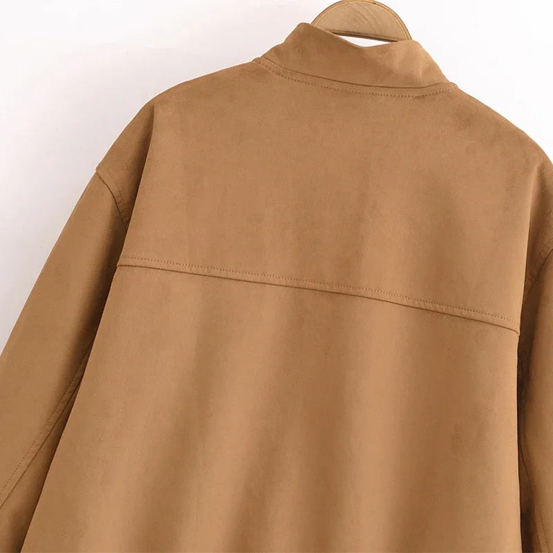Aiertu  -  Women's Vintage Solid Jacket Loose O Neck Zipper Pocket Long Sleeve Female Coat Autumn Lady Office All-match Outwear New Aiertu