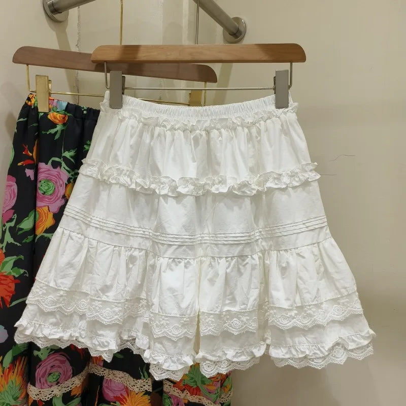 Aiertu  -  Lace Trim Fungus Mini Skirt Women Summer Elastic Waist White Ruffle A-line Faldas Korean Fashion Casual Simple Skirts 2025 New Aiertu