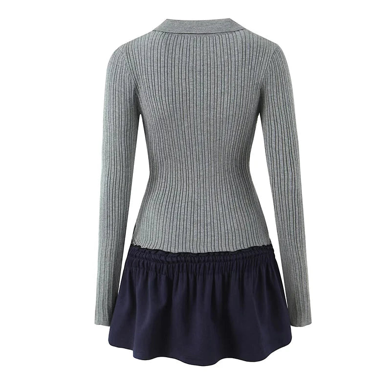 Aiertu  -  Women American Retro Knit Patchwork Mini Dress Long Sleeve Lapel Collar Autumn Dresses Fit And Flare Short Ballet Robe Aiertu