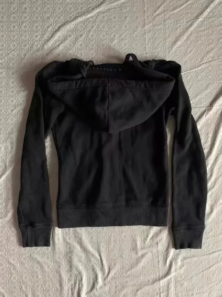 Aiertu  -  All Match Black Color Women Autumn Winter Coats Punk Y2k Aesthetic Letter Print Zipper Jackets American High Street Hoodies Aiertu