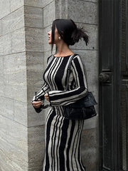 Aiertu  -  Women Chic Striped Printed Knitted O-neck Dresses Elegant Contrasting Color Long Sleeve Bodycon Dress 2026 Lady Party Streetwear Aiertu