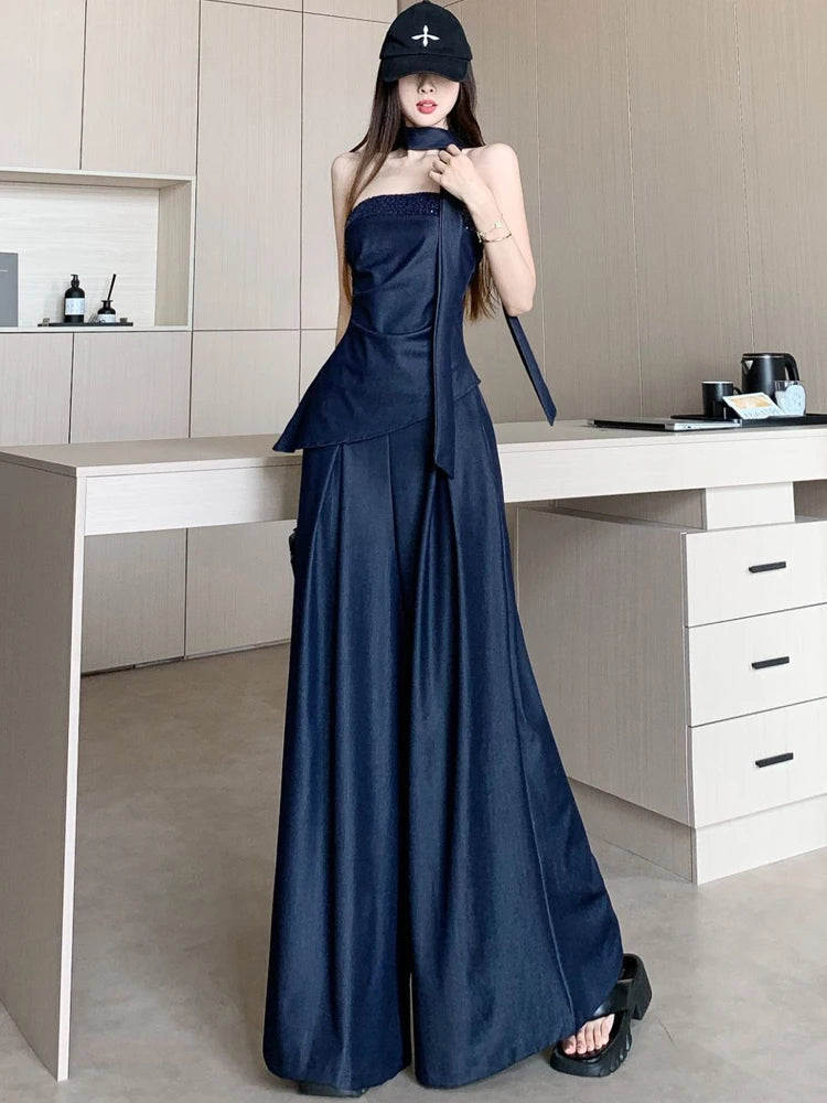 Aiertu  -  Advanced retro Tencel denim suit women's summer fashion sequin strapless top high waist wide leg pants skirt two-piece set Aiertu